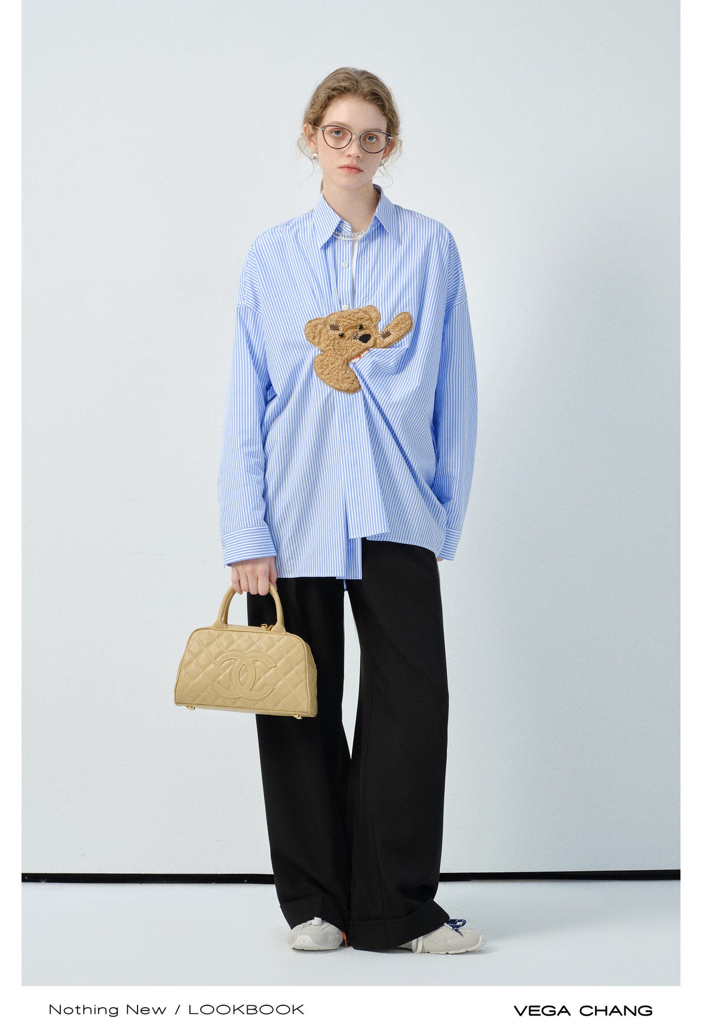 Playful Bear Motif Striped Shirt