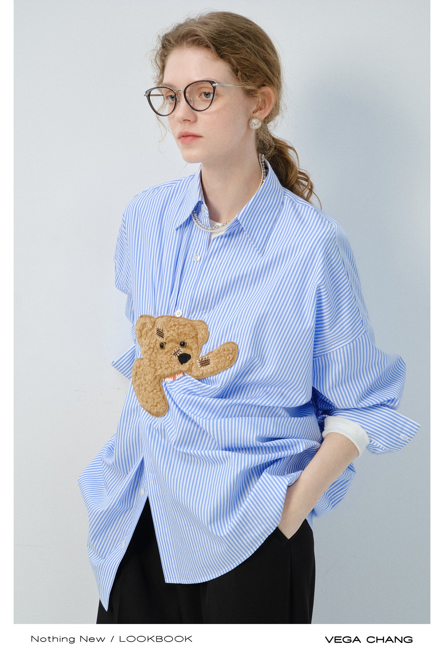 Playful Bear Motif Striped Shirt