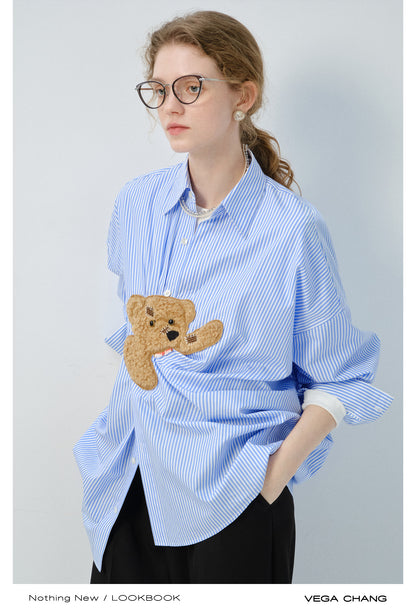 Playful Bear Motif Striped Shirt