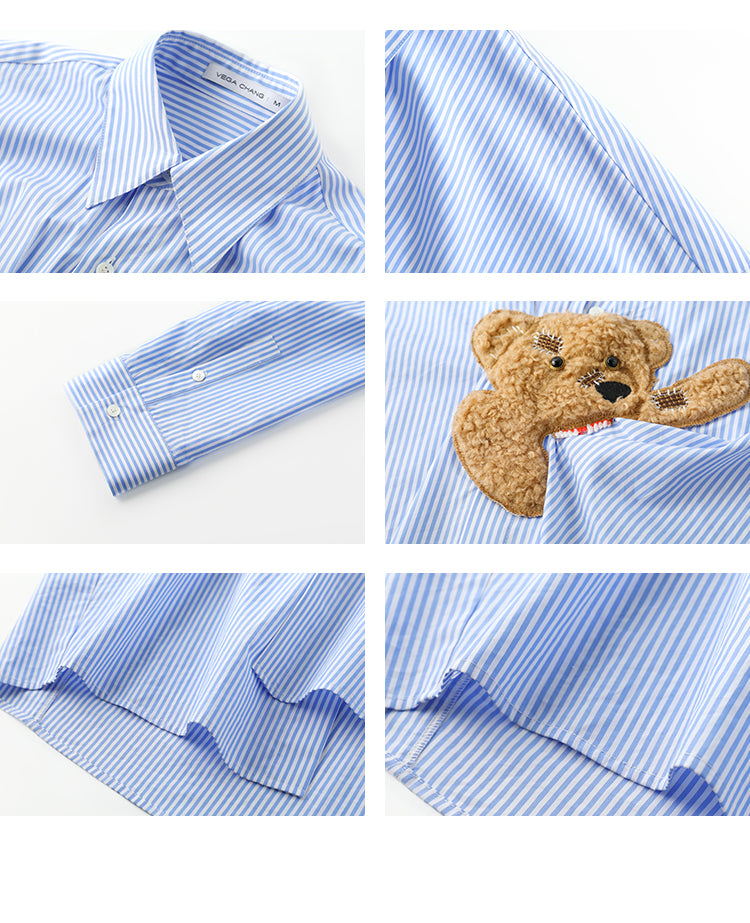 Playful Bear Motif Striped Shirt