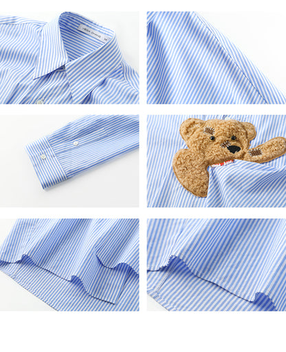 Playful Bear Motif Striped Shirt