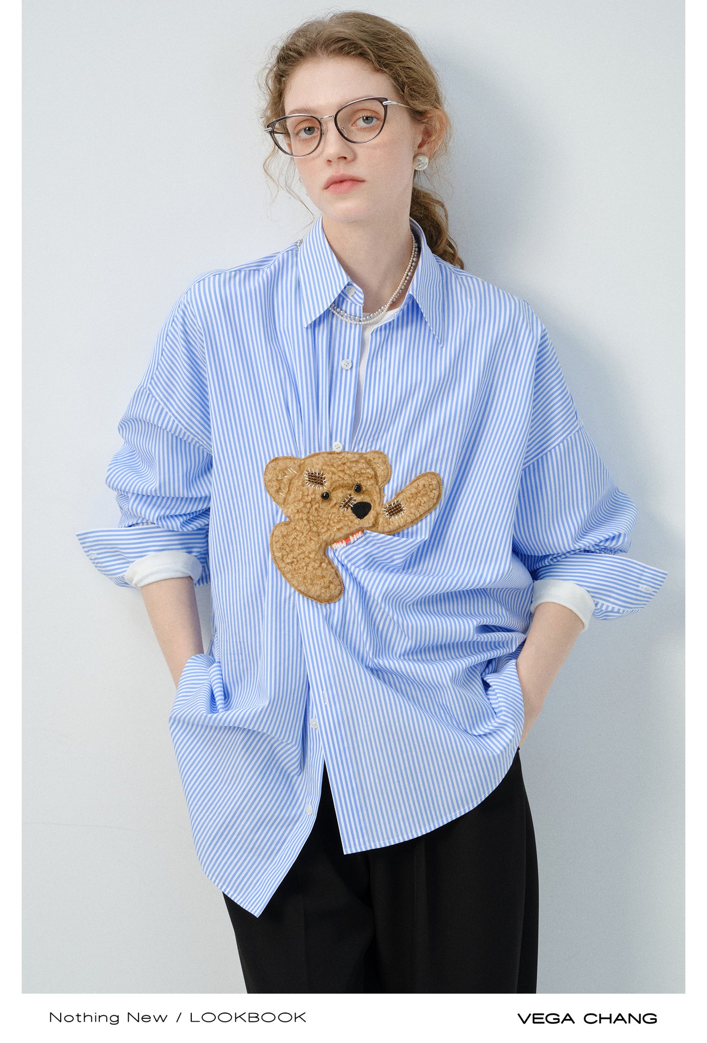 Playful Bear Motif Striped Shirt