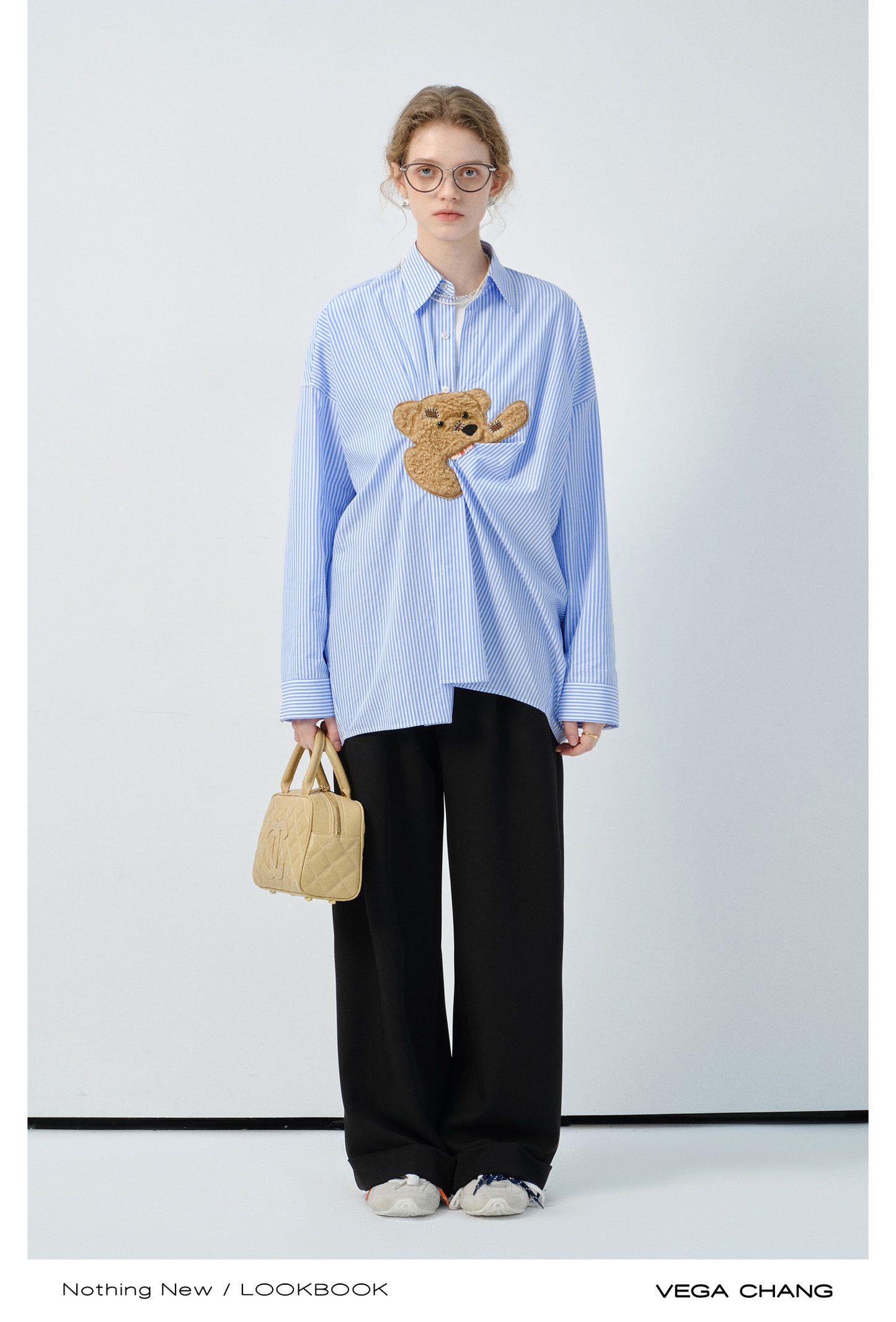 Playful Bear Motif Striped Shirt