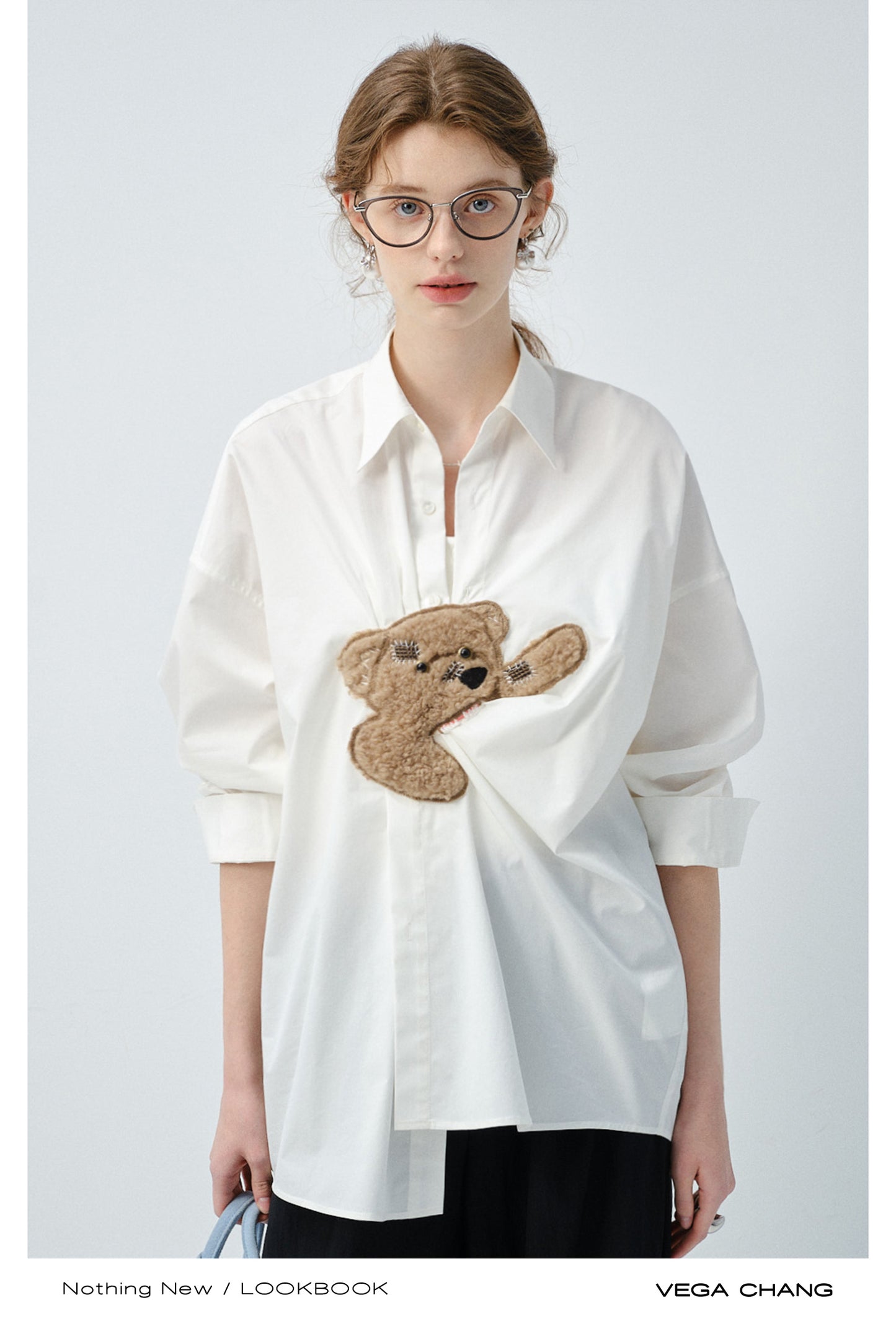 Playful Bear Motif Striped Shirt
