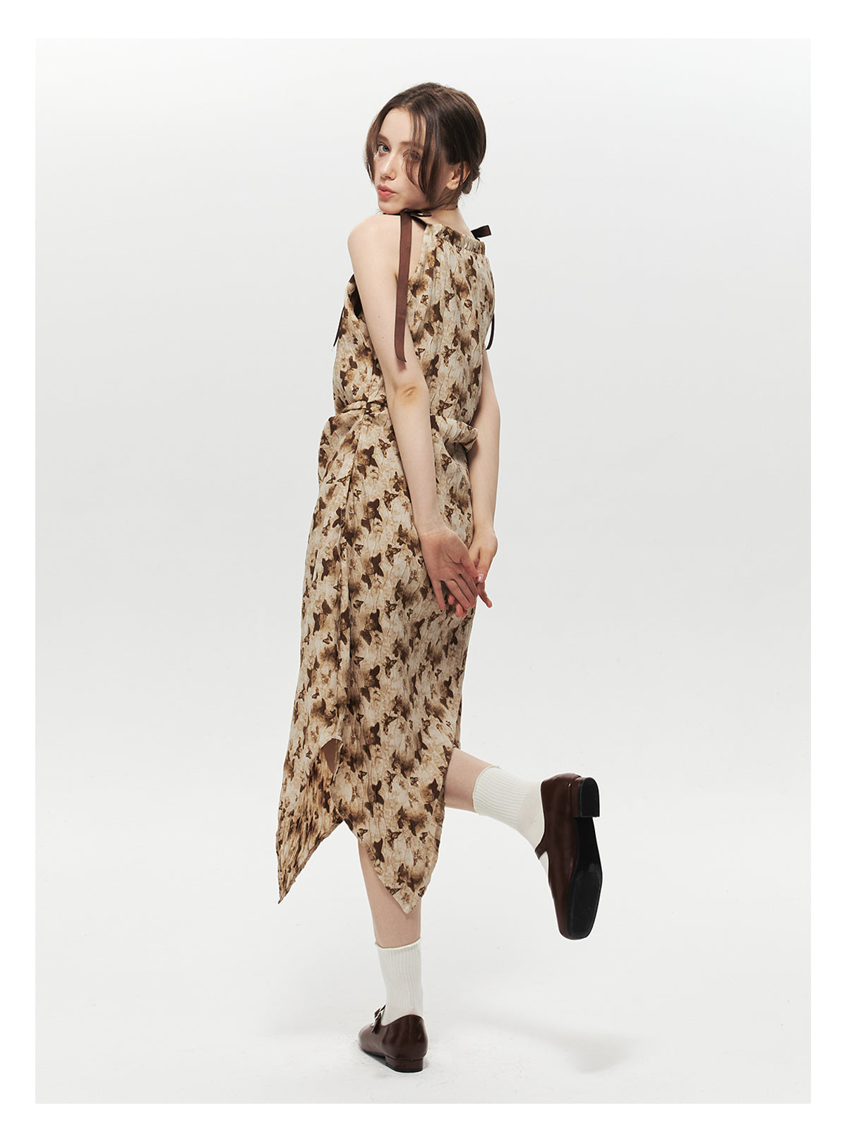 Crinkled Asymmetrical Dress With Pointed Hem And Tie Straps
