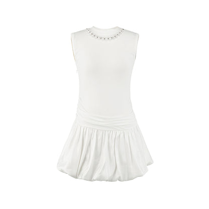 Sleeveless Bubble Dress With Pearl Bead Necklace