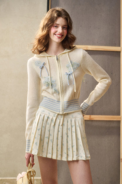 Floral Stripe Knit Zip Hoodie & Pleated Satin Skirt