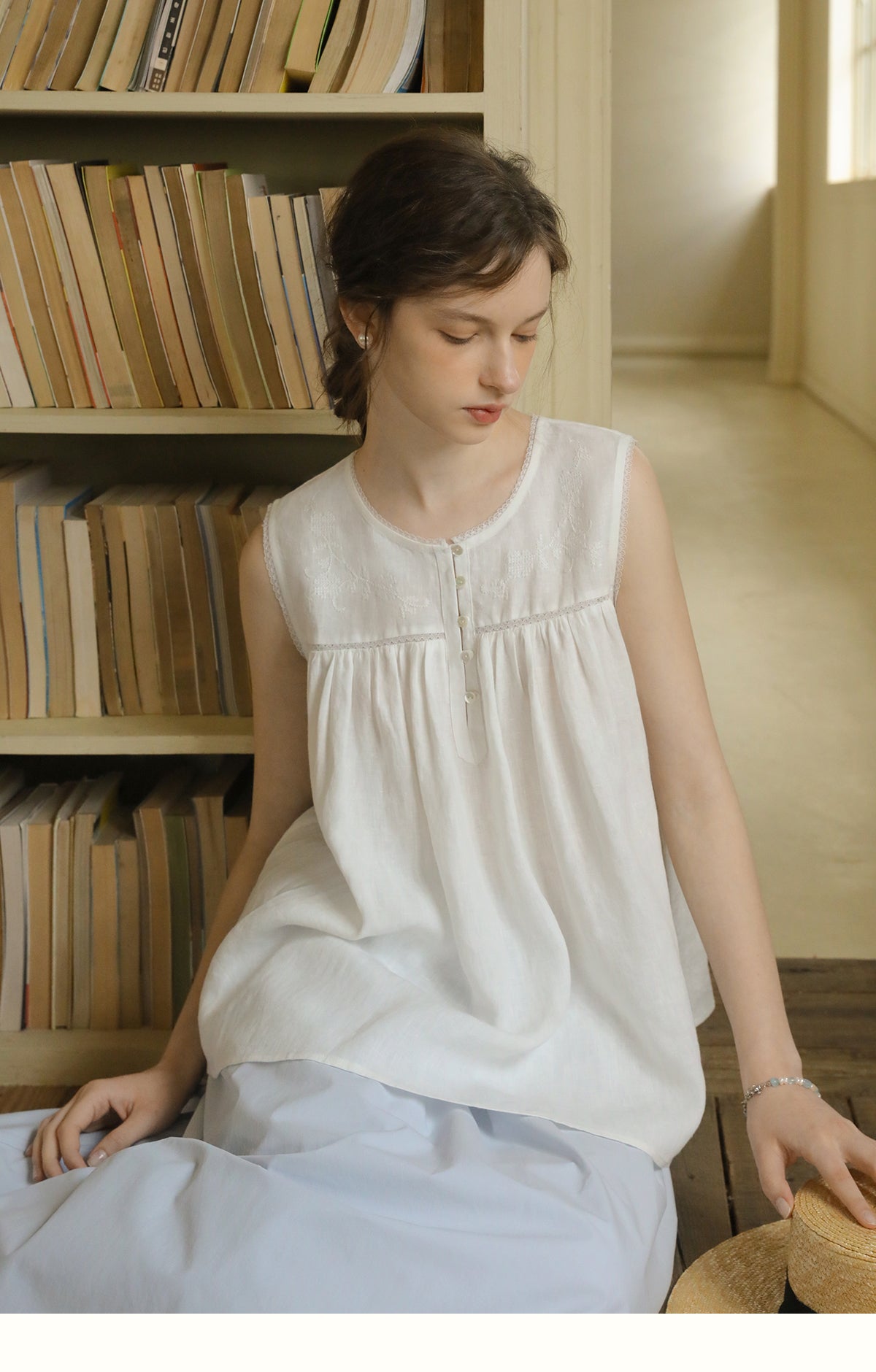 Embroidered Sleeveless Linen Blouse