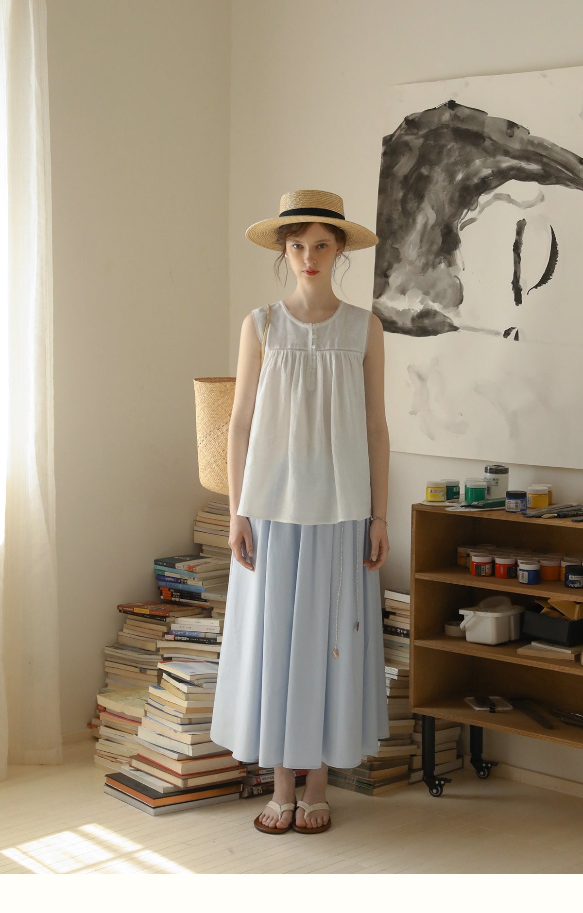 Embroidered Sleeveless Linen Blouse