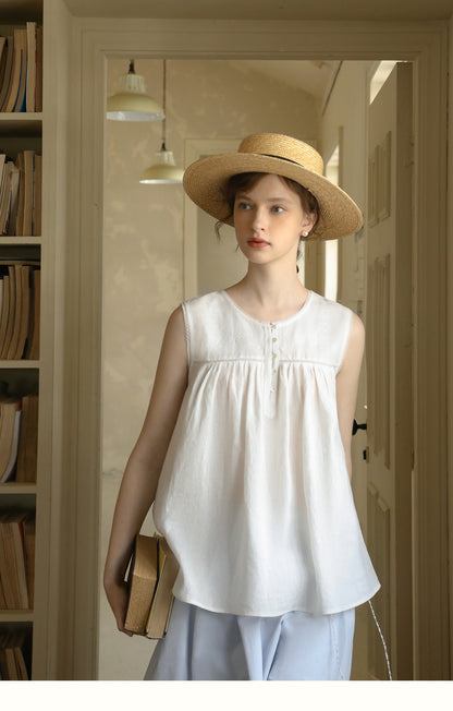 Embroidered Sleeveless Linen Blouse