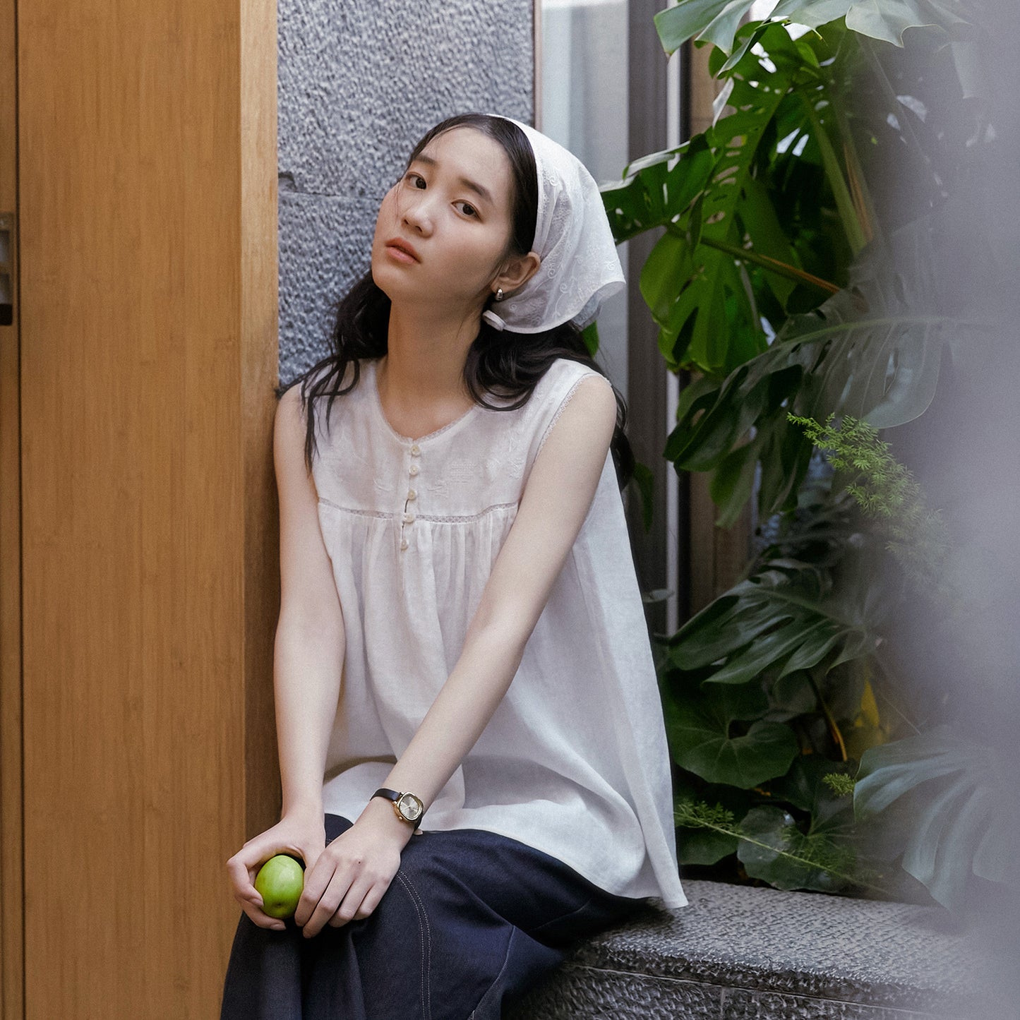 Embroidered Sleeveless Linen Blouse