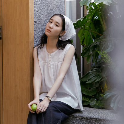 Embroidered Sleeveless Linen Blouse