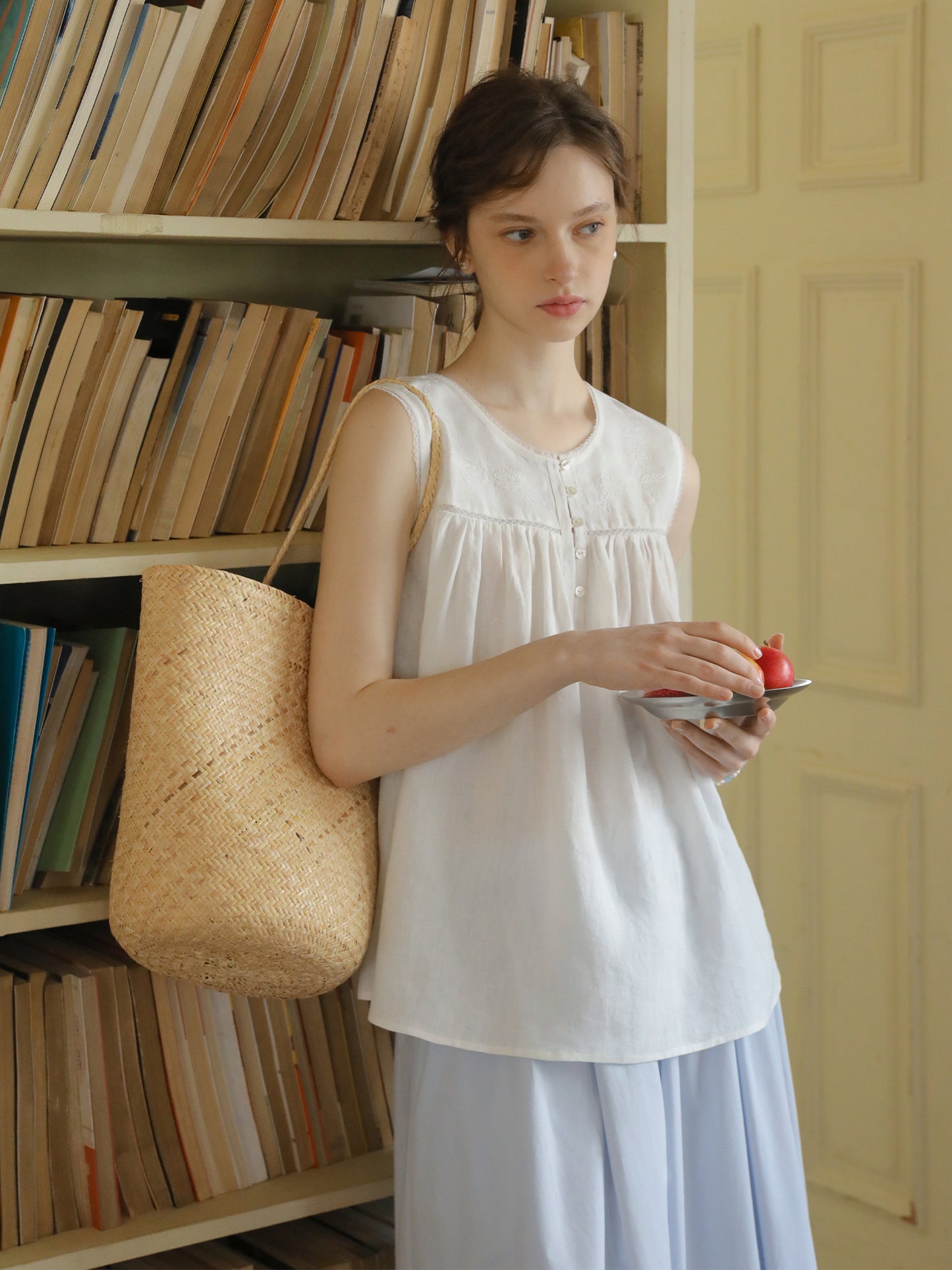 Embroidered Sleeveless Linen Blouse