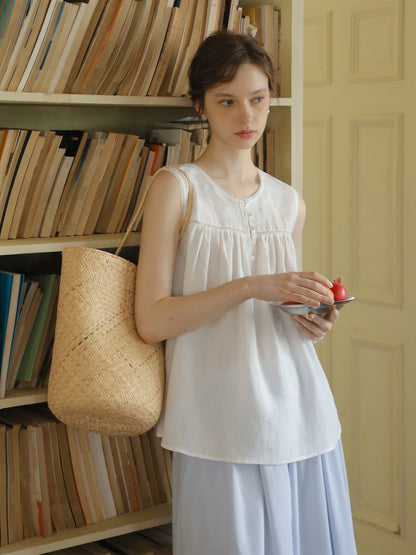 Embroidered Sleeveless Linen Blouse
