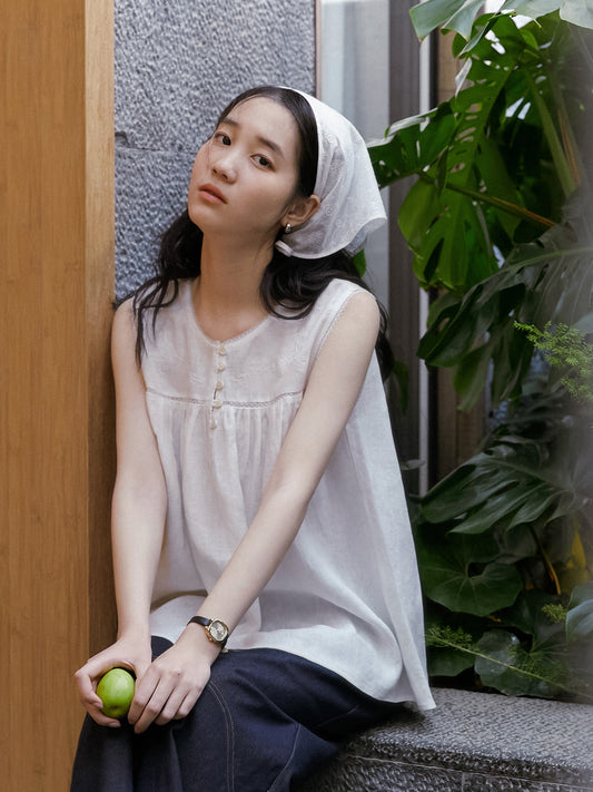 Embroidered Sleeveless Linen Blouse