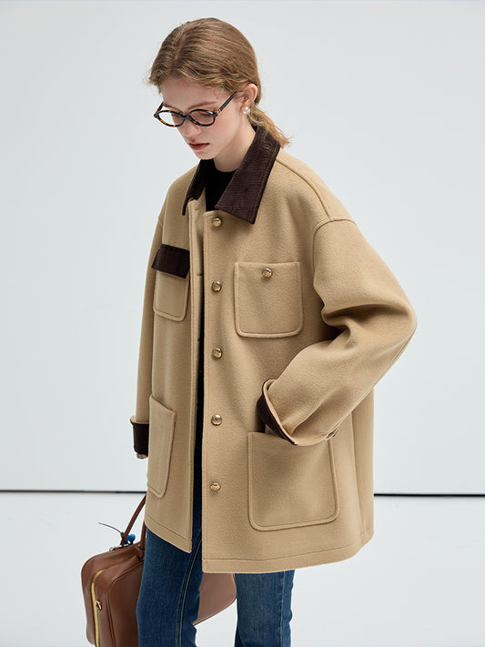 Shirt Style Two-Tone Coat With Corduroy Accents