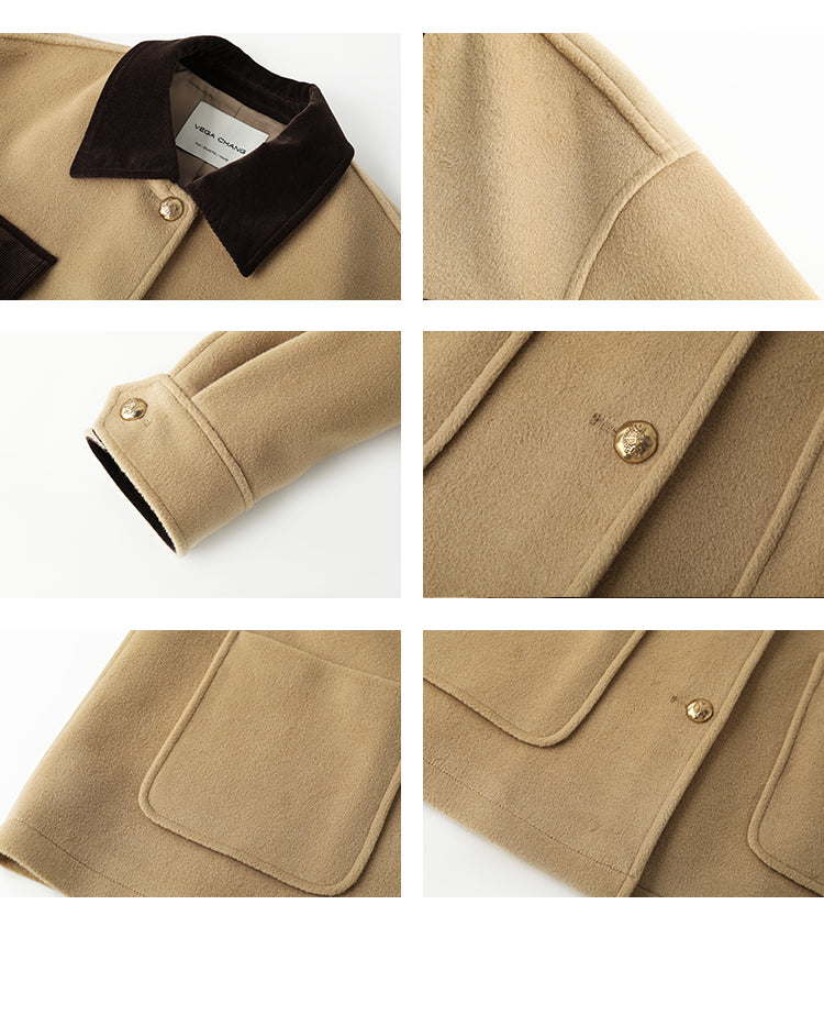 Shirt Style Two-Tone Coat With Corduroy Accents