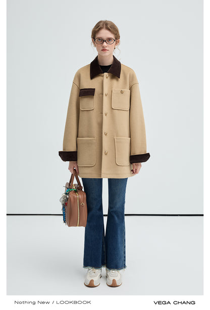 Shirt Style Two-Tone Coat With Corduroy Accents