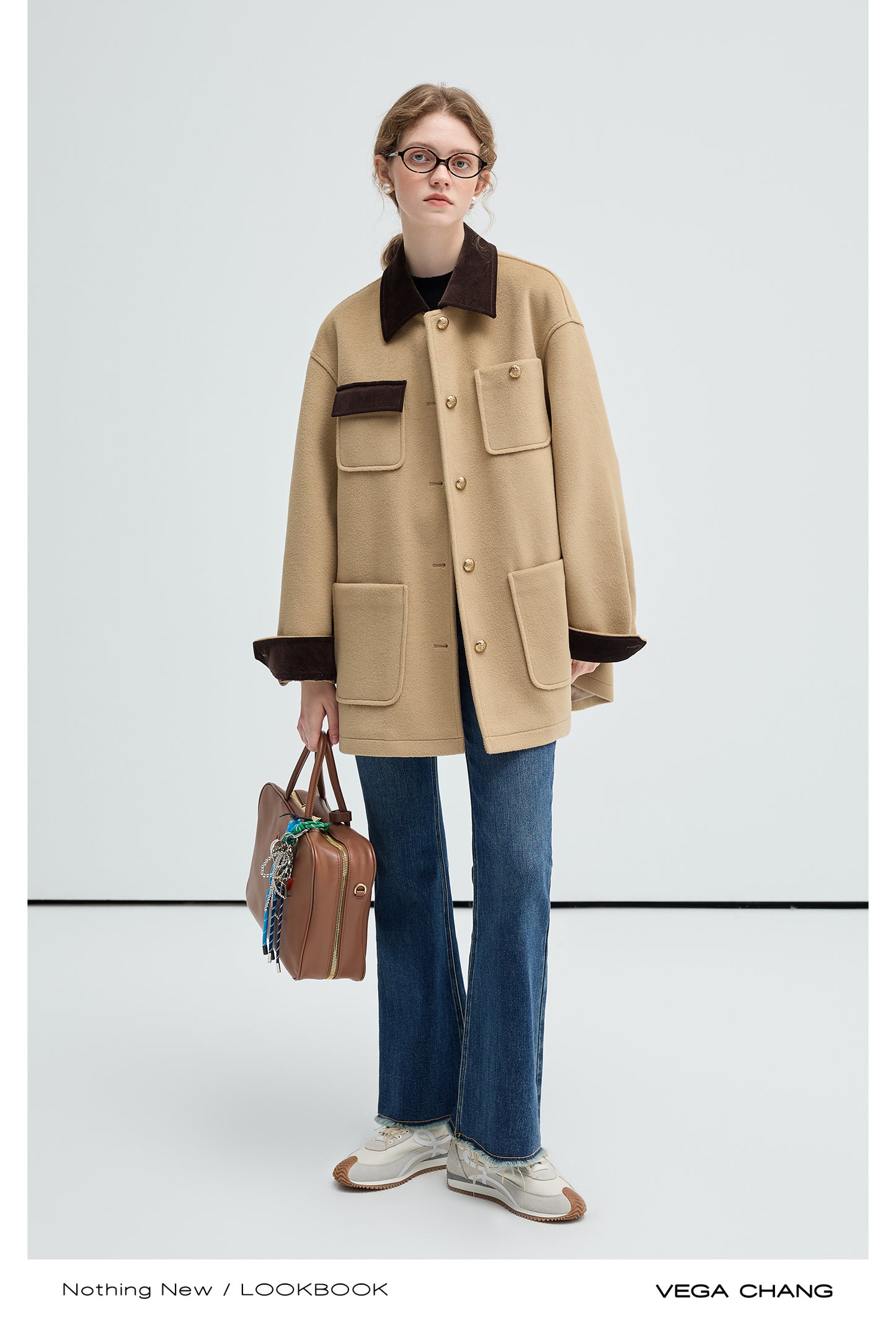 Shirt Style Two-Tone Coat With Corduroy Accents