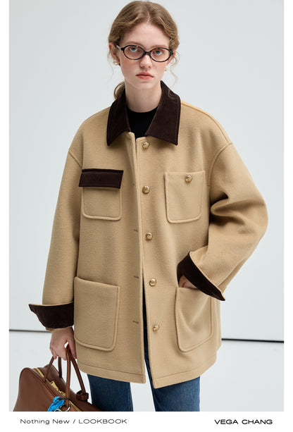 Shirt Style Two-Tone Coat With Corduroy Accents