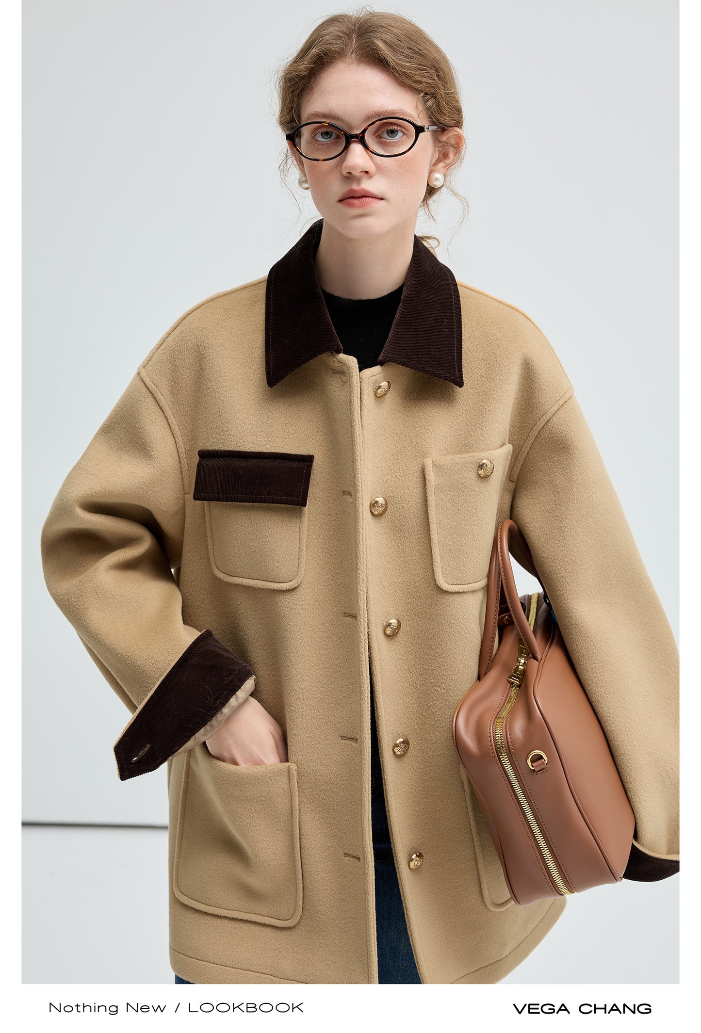 Shirt Style Two-Tone Coat With Corduroy Accents