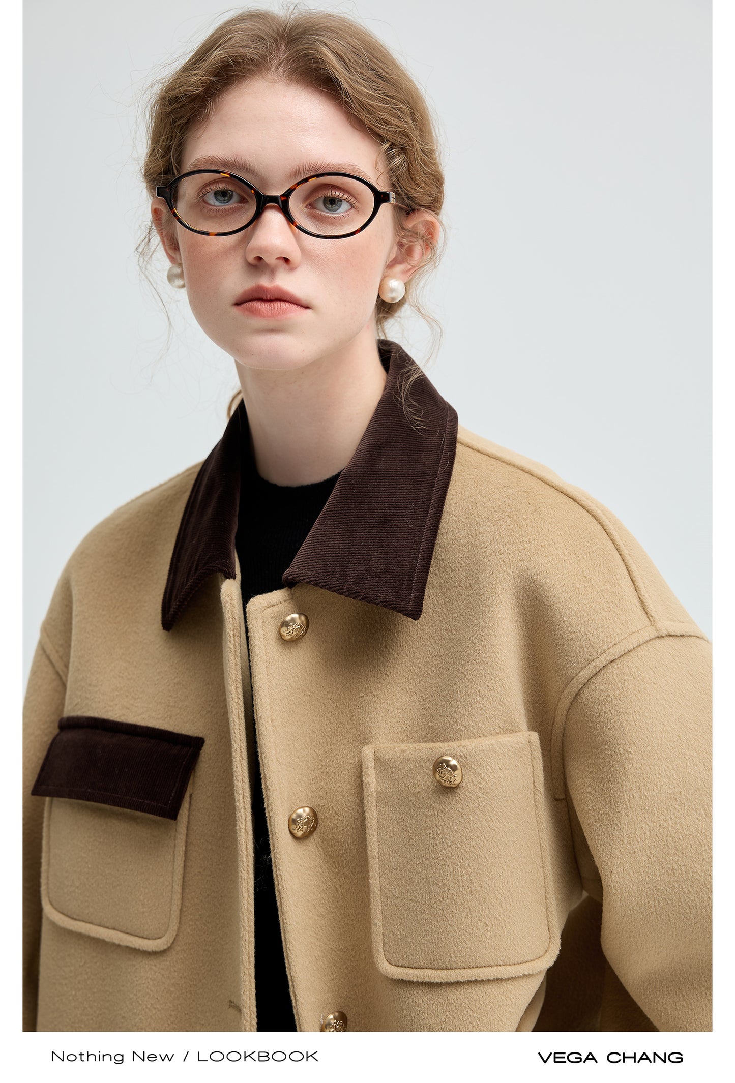 Shirt Style Two-Tone Coat With Corduroy Accents