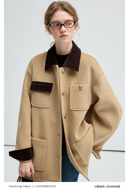 Shirt Style Two-Tone Coat With Corduroy Accents