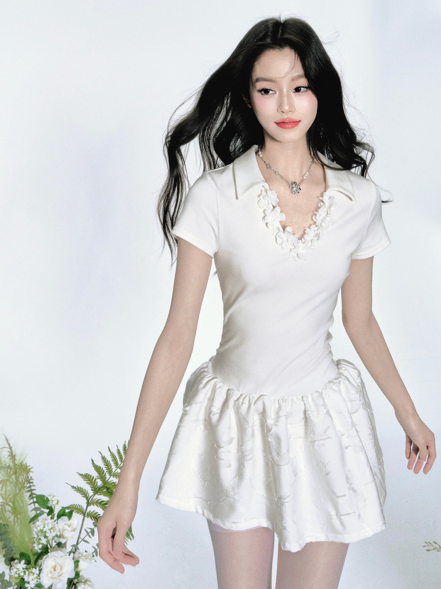 Floral-Neckline Jacquard Dress With Tie Waist