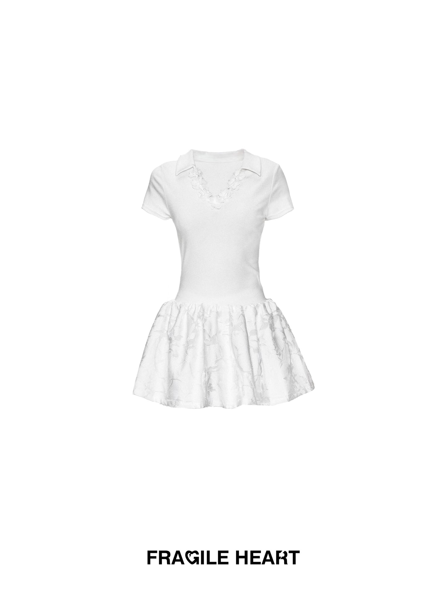 Floral-Neckline Jacquard Dress With Tie Waist