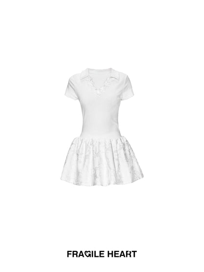 Floral-Neckline Jacquard Dress With Tie Waist