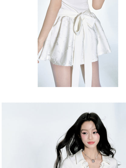 Floral-Neckline Jacquard Dress With Tie Waist