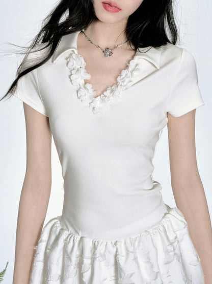Floral-Neckline Jacquard Dress With Tie Waist