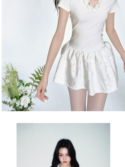 Floral-Neckline Jacquard Dress With Tie Waist