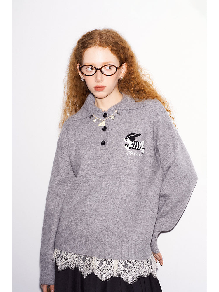 Puppy Pile Embroidery Polo Collar Sweater