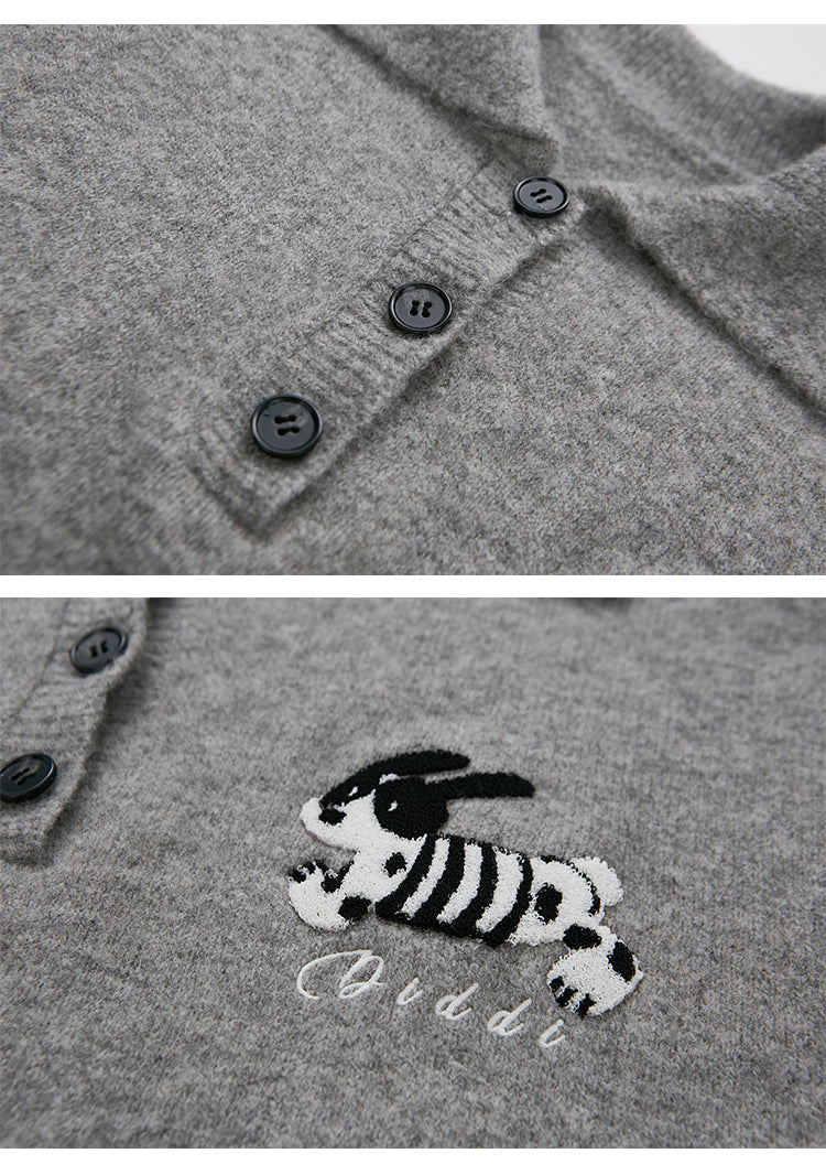 Puppy Pile Embroidery Polo Collar Sweater