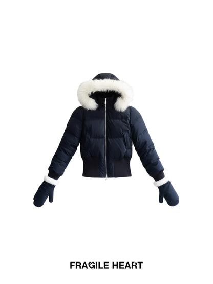 White Duck Down Jacket With Mittens Set