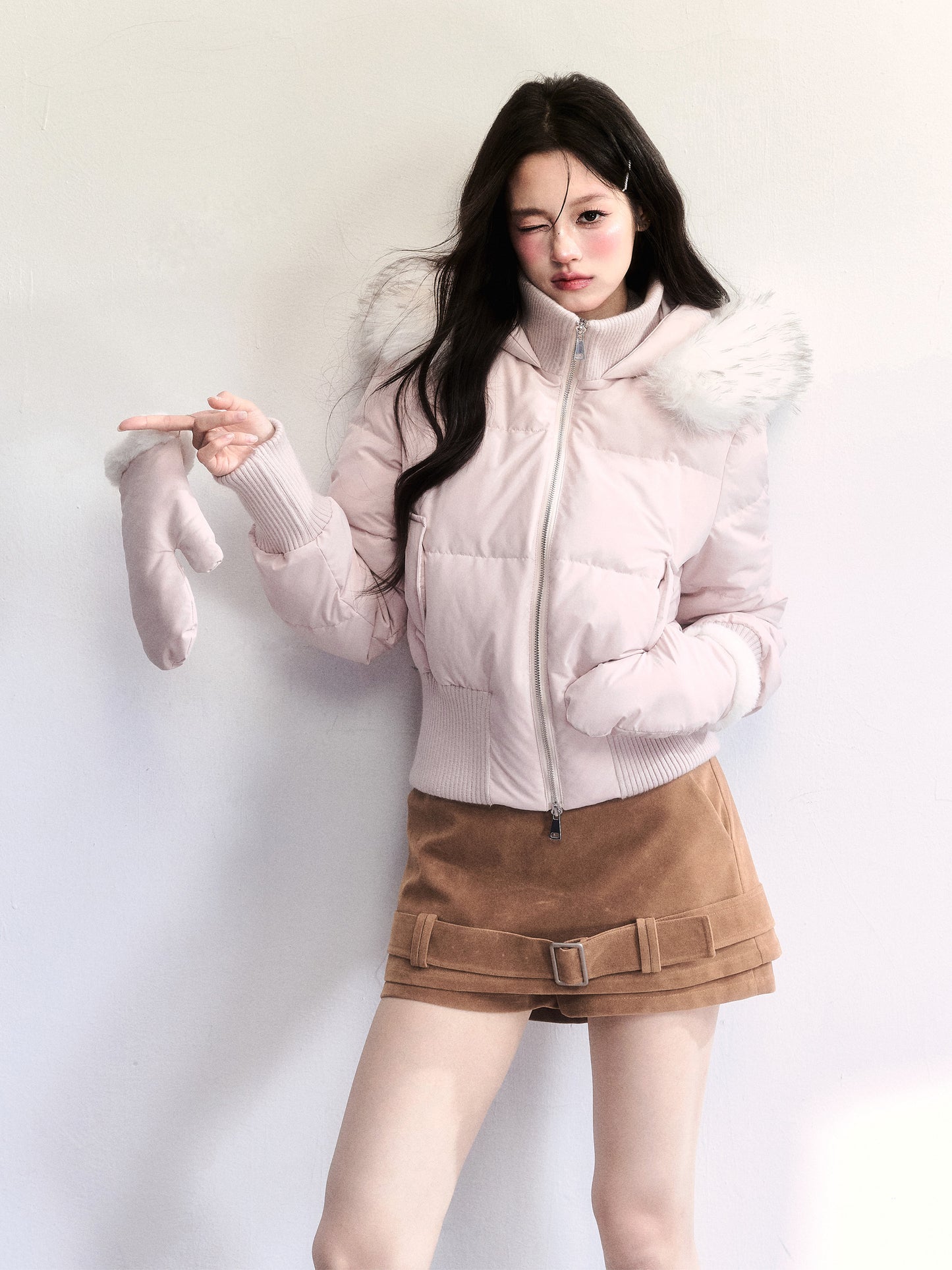 White Duck Down Jacket With Mittens Set