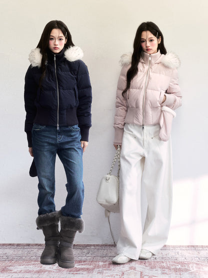 White Duck Down Jacket With Mittens Set