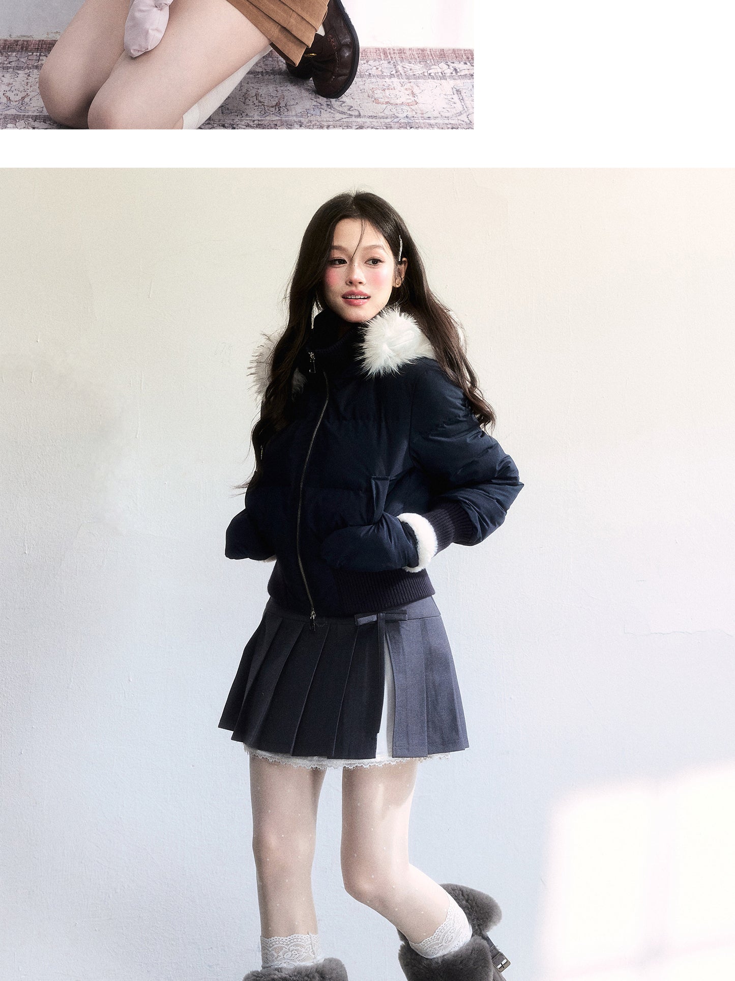 White Duck Down Jacket With Mittens Set