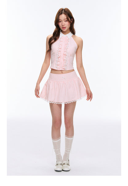 Vintage-Inspired Sleeveless Gingham Top And Matching Skirt