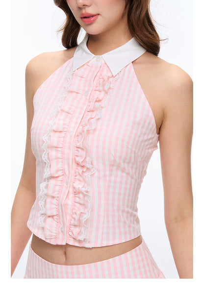 Vintage-Inspired Sleeveless Gingham Top And Matching Skirt