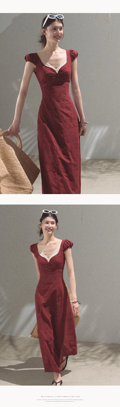 Petite Puff-Sleeve Embroidered Maxi Dress
