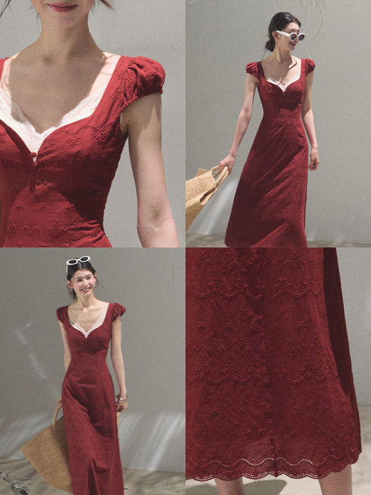 Petite Puff-Sleeve Embroidered Maxi Dress