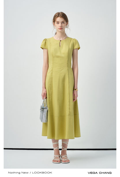 Tailored Puff-Sleeve Dress With Single Button