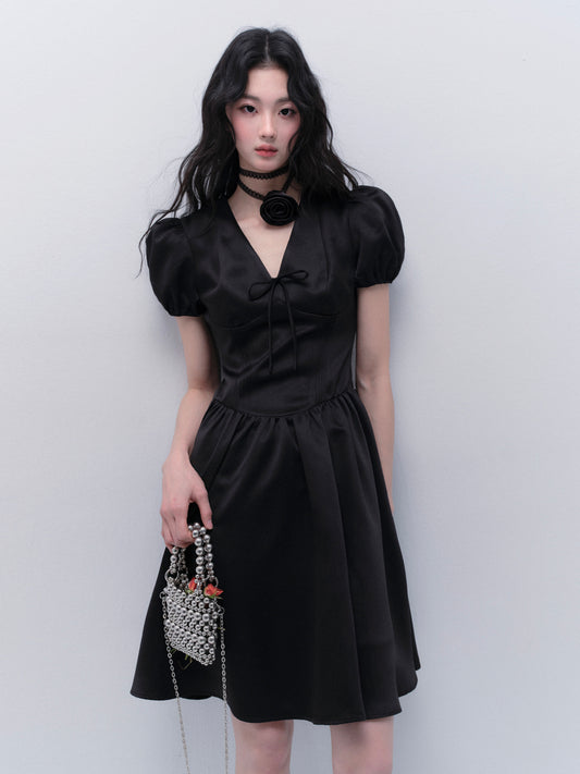 Puff Sleeve Structured Glossy Satin Dress