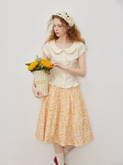 High Waist Floral Cotton Midi Skirt