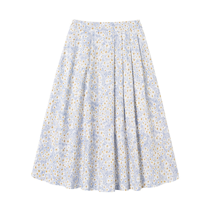 High Waist Floral Cotton Midi Skirt