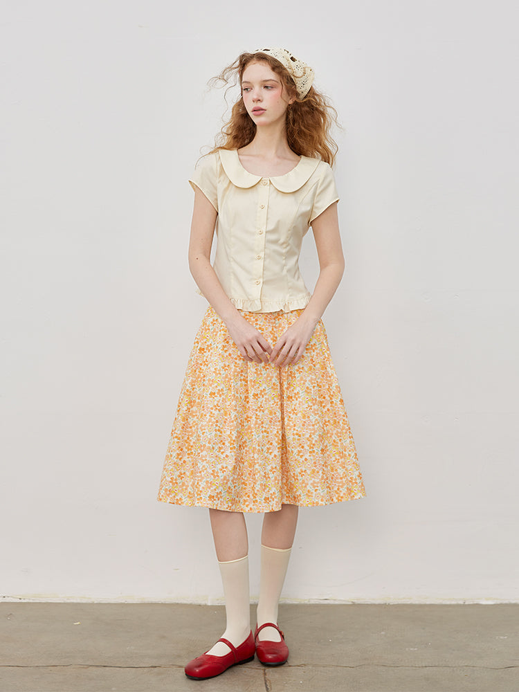 High Waist Floral Cotton Midi Skirt