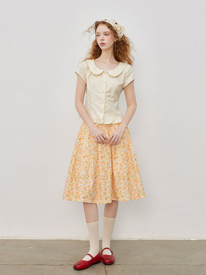 High Waist Floral Cotton Midi Skirt