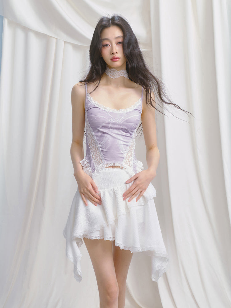 Printed Fitted Camisole With Lace Detail